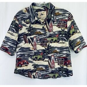 Vintage CRUZIN WEAR Hawaiian Shirt Womens Medium Old Cars Woody Surfer VW  USA